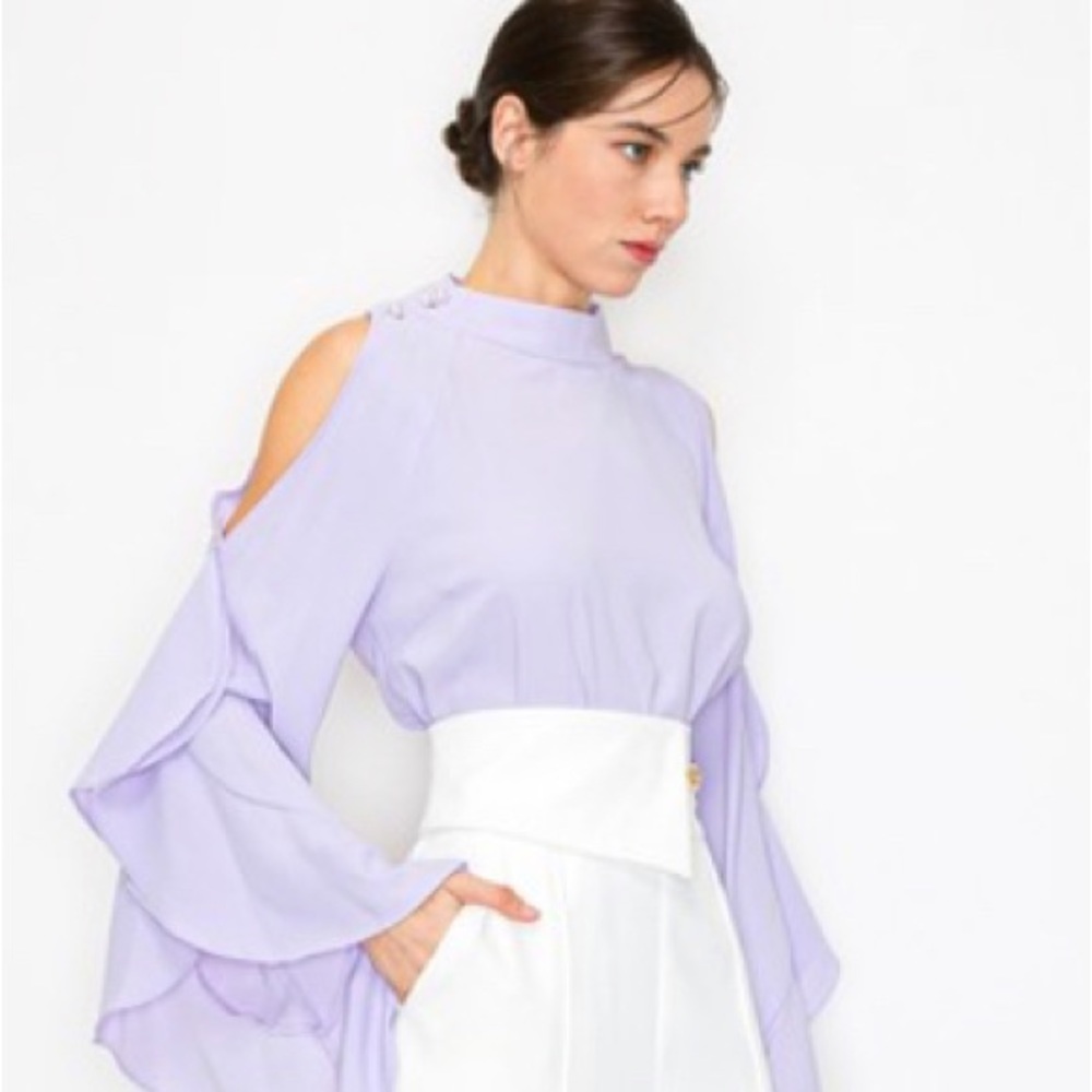 Open shoulder lavender blouse with bell sleeve